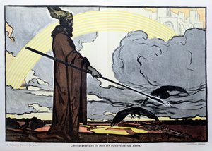 Odin with his two crows, Hugin (thought) and Munin (memory) by Walter Puttner