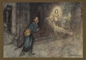 He saw a beautiful woman coming out of the palace, from 