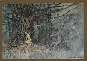 Plate 19: The moment the first stroke was given, a great many ghosts rushed towards the Brahman, from Folk-Tales of Bengal