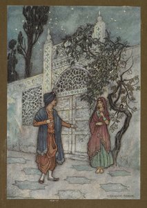 Plate 2: The prince revived, and, walking about, saw a human figure near the gate, from Folk-Tales of Bengal by Warwick Goble