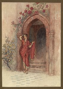 Plate 5: At the door of which stood a lady of exquisite beauty, from Folk-Tales of Bengal by Warwick Goble