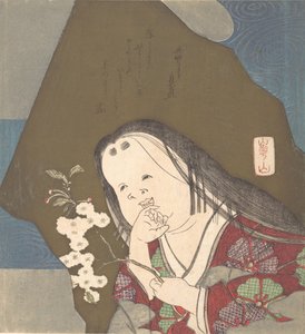 Otafuku Holding a Branch of Double White Cherry Blossoms