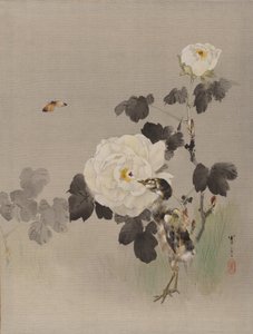 Roses, Young Bird and a Butterfly, ca. 1887 by Watanabe Seitei
