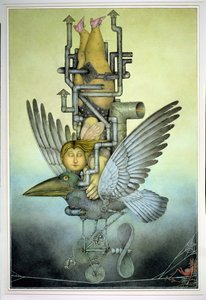 Balancing Girl on Mechanical Bird on Tightrope by Wayne Anderson