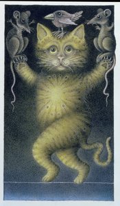 Cat on a Tightrope, balancing with Bird and Mice by Wayne Anderson