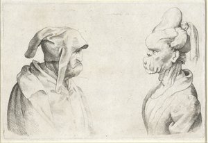 Deformed Heads of a Man with a Loose Cap and a Woman with Tied Hair (Varie figurae et probae series) (Caricatures, Heads and Deformations after Leonardo da Vinci series)