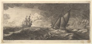 A yacht and three warships in a storm by Wenceslaus Hollar