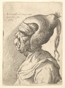 Bust of a Deformed Woman with Conical Hat and Two Dangling Plaits in Profile to Left