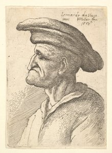 Bust of elderly man with nose that meets his lower lip, wearing wide flat cap in profile, 1665