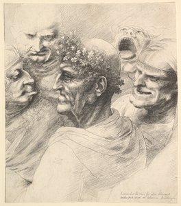 Five grotesque heads, including an elderly man with an oak leaf wreath by Wenceslaus Hollar