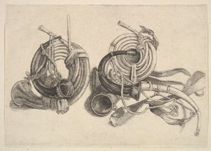 Five hunting horns, 1625-77 by Wenceslaus Hollar