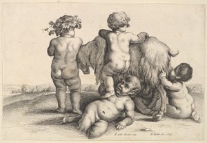 Four boys, a young satyr and a goat, 1647 by Wenceslaus Hollar