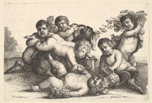 Four boys, two satyrs and a goat, 1654 by Wenceslaus Hollar