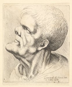 Head of a Man with Protruding Chin and Snub Nose Looking Upwards in Profile to Left
