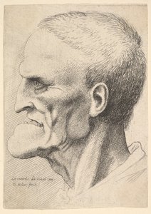 Head of an old man with a pronounced chin, short cropped hair and gaping mouth showing