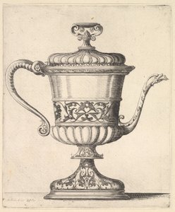 Jug with lid, engraved with arabesque pattern, the narrow spout to right ending in snake