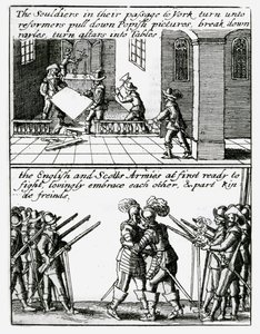 Soldiers destroy religious images in a church; English and Scottish soldiers embrace by Wenceslaus Hollar