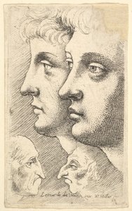 Two Youths in Profile with Two Grotesque Heads by Wenceslaus Hollar