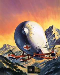 A futuristic combination of helicopters and airships used for carrying large loads by Wilf (20th century) Hardy