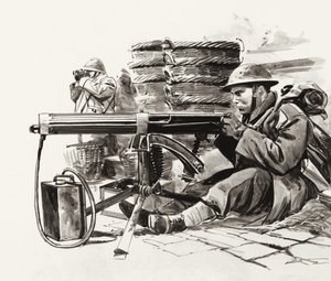 British machine gunner waiting for the Germans outside Dunkirk by Wilf (20th century) Hardy