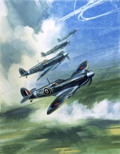 Patrolling flight of 416 Squadron, Royal Canadian Air Force, Spitfire Mark 9s by Wilf (20th century) Hardy