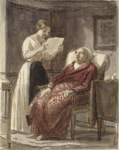 A Young Girl Reading a Letter Aloud to an Old Man in a Red Dressing Gown
