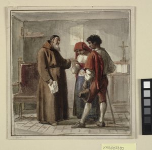 A Young Peasant Couple with a Monk in His Cell by Wilhelm Marstrand