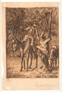 Before the Battle with the Knight of the Mirrors, Don Quixote Helps Sancho Panza Up a Tree by Wilhelm Marstrand
