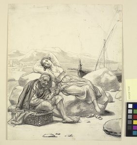 Sleeping girl and old fisherman by the beach by Wilhelm Marstrand