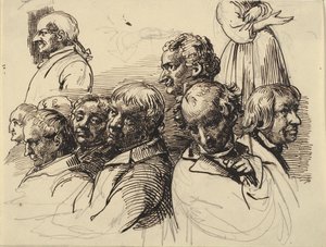 Study Sheet with Eight Male Heads and a Headless Woman
