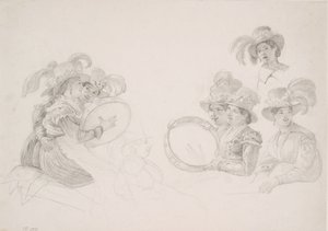 Roman Women Playing Tambourines with High Feathered Hats by Wilhelm Marstrand