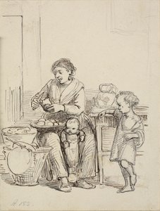 Two Children and a Woman Peeling Potatoes by Wilhelm Marstrand