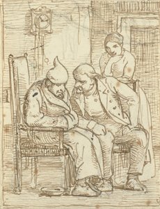 Two Men in Conversation, the Old Man on the Left with a Nightcap. Also a Woman