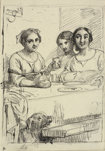 Three Girls at a Table, with a Dog Under the Table by Wilhelm Marstrand