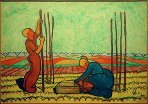 Man and Woman Setting Bean Poles