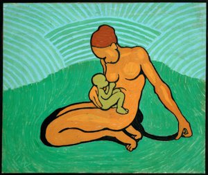 Mother and Child on Green Background by Wilhelm Morgner