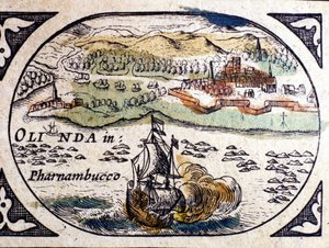 Brazil, view of Pernambuc (Recife), Atlas by W. G. Blaeu, Amsterdam 1600