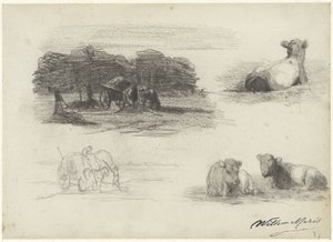 Four Sketches of Hay Wagons and Cows