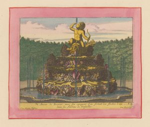 Fountain with a Statue of a Putto Holding a Bow Seated on a Dolphin