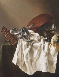 Still Life with Lute, Pewter Jug, Wine Glass and Lemon by Willem Van Odekercken
