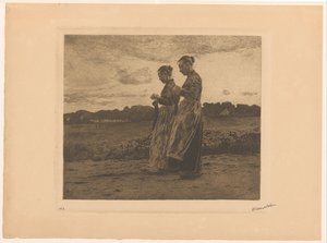 Two Standing Knitters in a Landscape in Ede
