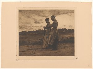 Two Standing Knitters in a Landscape in Ede