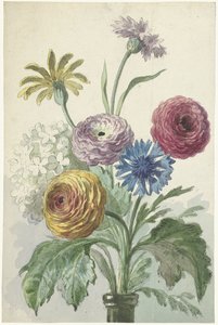 Bouquet of Flowers in the Neck of a Green Vase