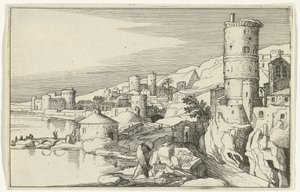City with Towers by the Water (Roman Ruins and Coastal Landscapes, Series 1) by Willem van Nieulandt (II)