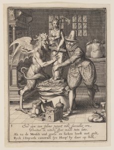 A Man and the Devil Filling a Sack with Money and Setting Up a Statue of Hope, from Allegory of the Misuse of Worldly Property by Willem van Swanenburgh