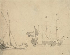 A boeier at a pier and a Dutch ship at anchor, c.1665 by Willem van de Velde the Younger
