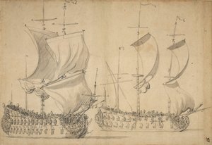 An English Third-Rate and Fourth-Rate Under Easy Sail by Willem van de the Elder Velde