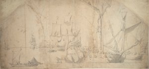 An English yacht at anchor furling sail by Willem van de the Elder Velde