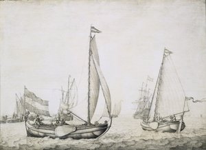 Two Dutch ships at the start, probably in the port of Amsterdam (Holland), circa 1660 by Willem van de the Elder Velde