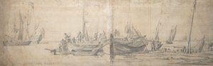 Two kaags ashore on the end of a hard by Willem van de the Elder Velde